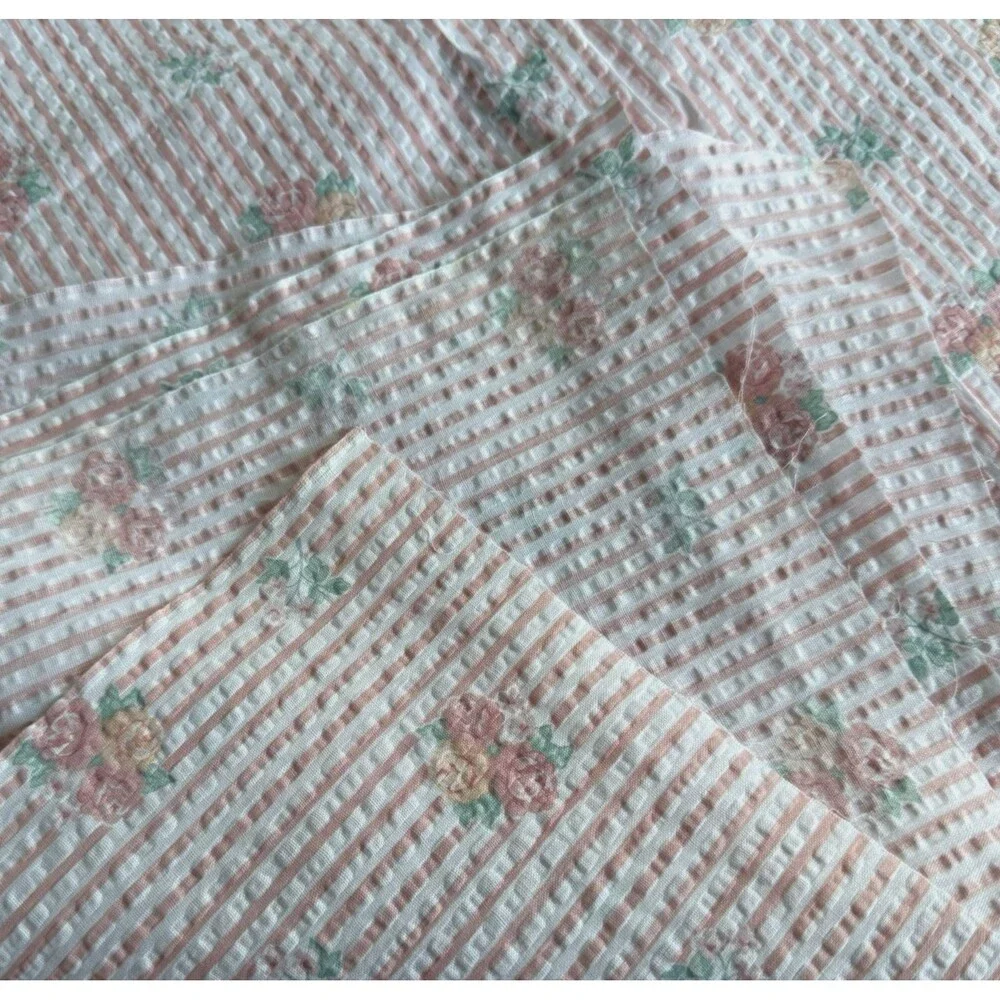 Vintage Floral Seersucker Pink Stripe Fabric Pink/Peach Crinkle Wamsutta 3yd